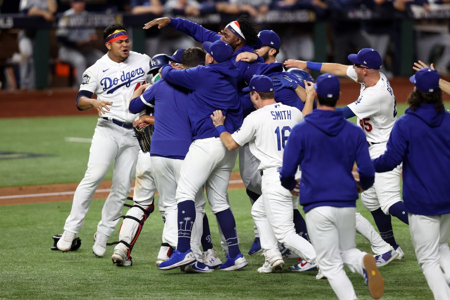 ARLINGTON, TEXAS - OCTOBER 27:  The Los Angeles Dodgers celebrate after defeating the Tampa Bay Rays in Game Six to win the 2020 MLB World Series at Globe Life Field on October 27, 2020 in Arlington, Texas. (Photo by Tom Pennington/Getty Images)