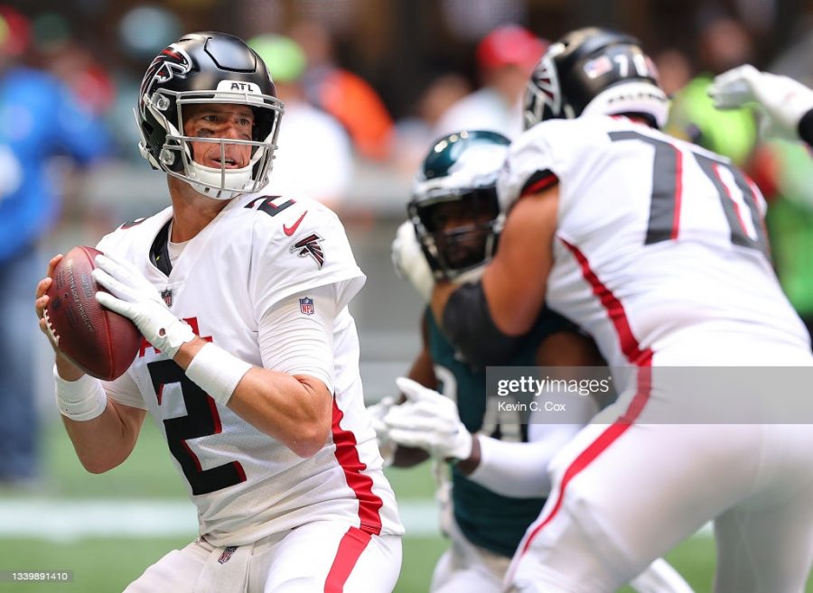 ATLANTA, GEORGIA - SEPTEMBER 12: Matt Ryan #2 of the Atlanta Falcons looks to pass during the second half against the Philadelphia Eagles at Mercedes-Benz Stadium on September 12, 2021 in Atlanta, Georgia. (Photo by Kevin C. Cox/Getty Images)