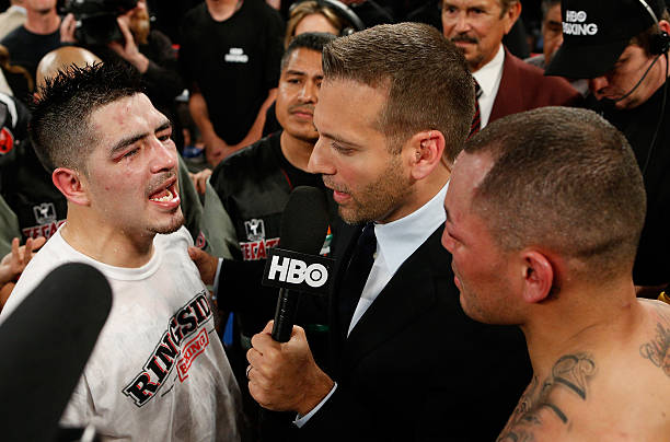 LAS VEGAS, NV - MARCH 30:  Brandon Rios (L) and Mike Alvarado (R) are interviewed by Max Kellerman (center) after their WBO interim junior welterweight championship bout at the Mandalay Bay Events Center on March 30, 2013 in Las Vegas, Nevada. (Photo by Josh Hedges/Getty Images)