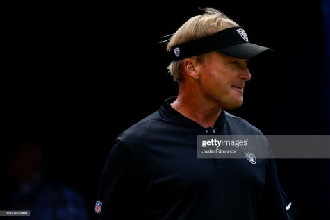DENVER, CO - SEPTEMBER 16:  Head coach Jon Gruden of the Oakland Raiders walks onto the field before a game against the Oakland Raiders at Broncos Stadium at Mile High on September 16, 2018 in Denver, Colorado. (Photo by Justin Edmonds/Getty Images)