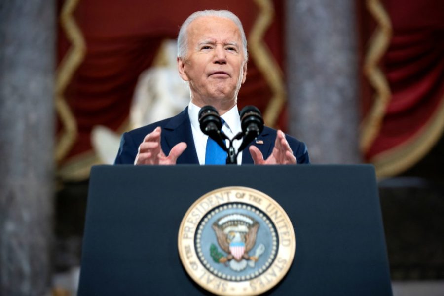 U.S. President Joe Biden gives remarks in the Statuary Hall of the U.S. Capitol during a ceremony on the first anniversary of the January 6, 2021 attack on the U.S. Capitol by supporters of former President Donald Trump in Washington, D.C., U.S., January 6, 2022. Greg Nash/Pool via REUTERS