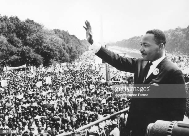 Black American civil rights leader Martin Luther King (1929 - 1968) addresses crowds during the March On Washington at the Lincoln Memorial, Washington DC, where he gave his I Have A Dream speech.   (Photo by Central Press/Getty Images)