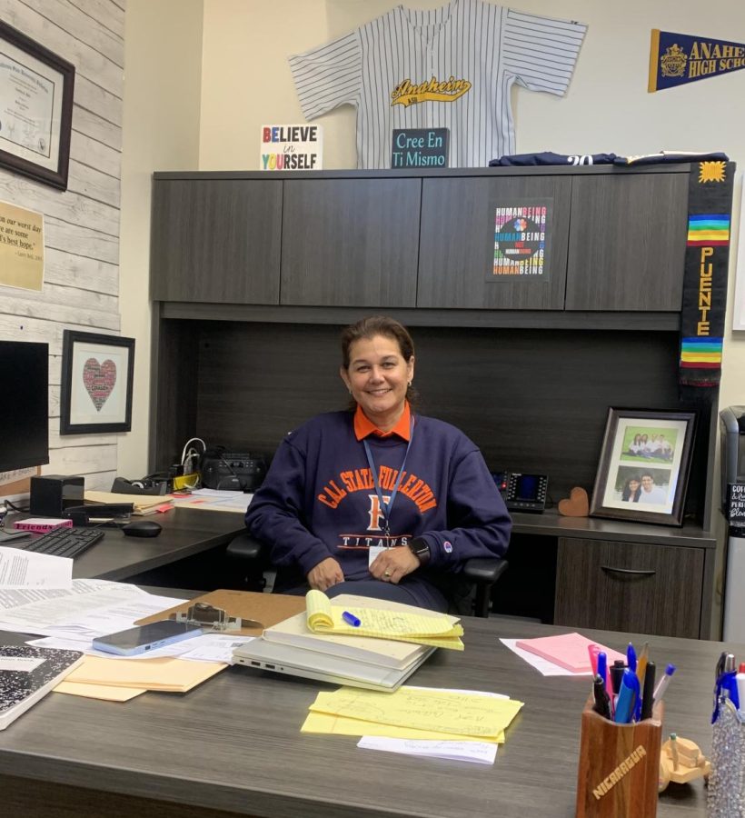 Mrs. Ruiz-Flores in her new office at Anaheim High School.
